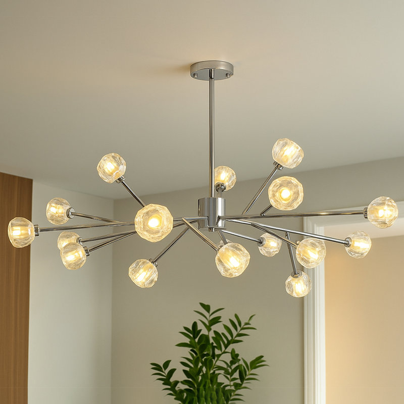 Lustre moderne Spoutnik, plafonnier noir / laiton antique / fer argenté avec abat-jour en cristal, Argent