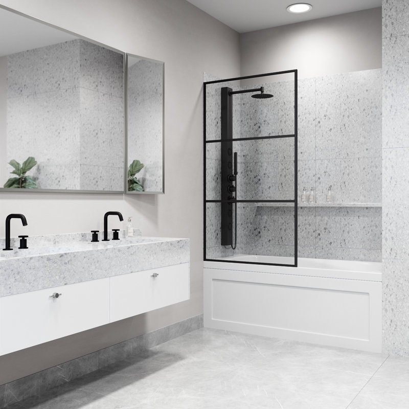 Divide 34" W x 62" H Fixed Framed Bathtub Screen with 3/8" Striped Glass, Matte Black Clear