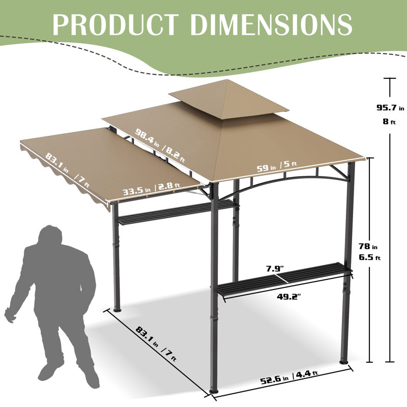 Auvent de barbecue 8 pi x 8 pi avec auvent supplémentaire latéral, auvent à deux niveaux pour barbecue avec cadre en acier robuste avec 2 tablettes latérales et 6 crochets