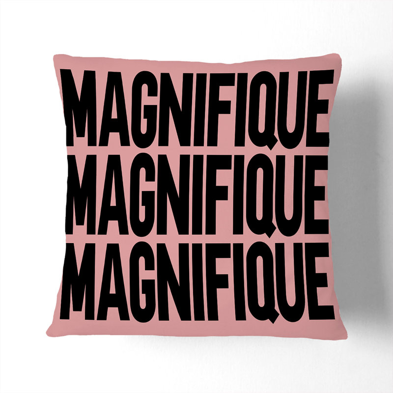 Magnifique Pink Typography Square Throw Cushion, 40cm H x 40cm W x 15cm D, Stone
