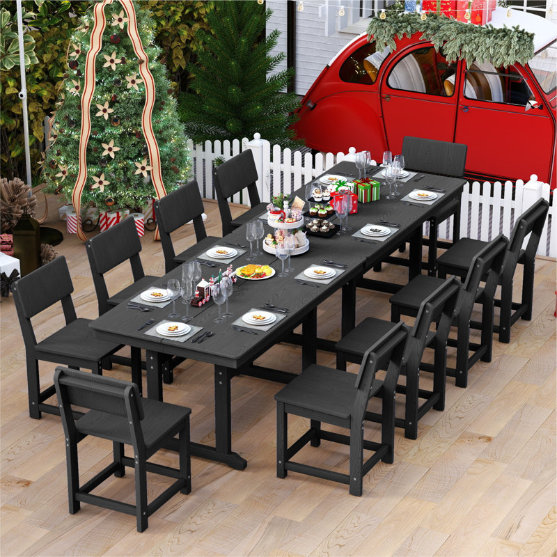 10 - Person Patio Dining Set With Rectangular Table Poly Plastic, Black, 10