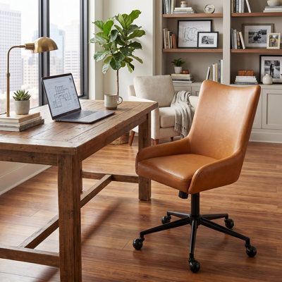 Mid-Century Modern Office Chair with High Backrest, Cognac Brown Saddle Leather Desk Chair with Adjustable Height, Swivel & Rocking Tilt, Upholstered Home Office Chair with Smooth Ball Casters, Rolling Task Chair for Study Workspace