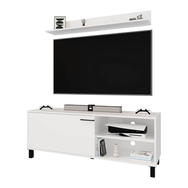 Crisp White Tv Stand With Filling And Open Storage For Essentials, 1-Door Design Compactness, Arms Smooth Height Regulation, Particle Board Construction, 68 Lb Weight Easy Reach, Effortless