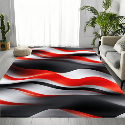 Tapis rouge, rouge et blanc à motif de vagues abstraites, motif audacieux, art moderne et doux, tapis antidérapant durable et lavable à la machine, décoration intérieure élégante pour salon, chambre à coucher, couloir, appartement