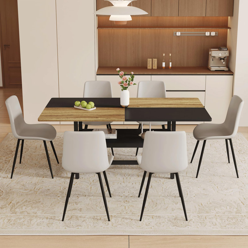 Ensemble de table de salle à manger rectangulaire pour 6 personnes, ensemble de table de salle à manger de style campagnard de 71 po avec 6 chaises rembourrées et tablette de rangement, plateau de table en bois avec structure en métal, fendu noir / bois