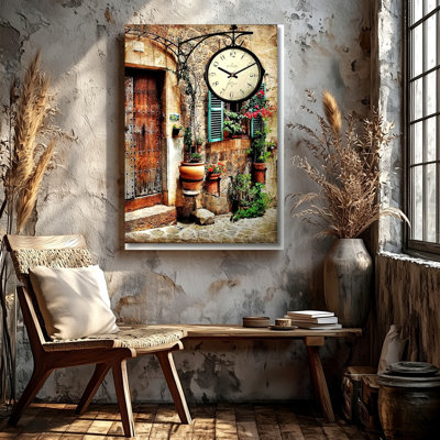 Vintage European Street Clock Rustic Door Window Floral Canvas Print Wall Art Print, Botanical Living Room Bedroom Hallway Decor, Modern Surreal Gallery Wall Accent for Apartment Loft Entryway Home Style