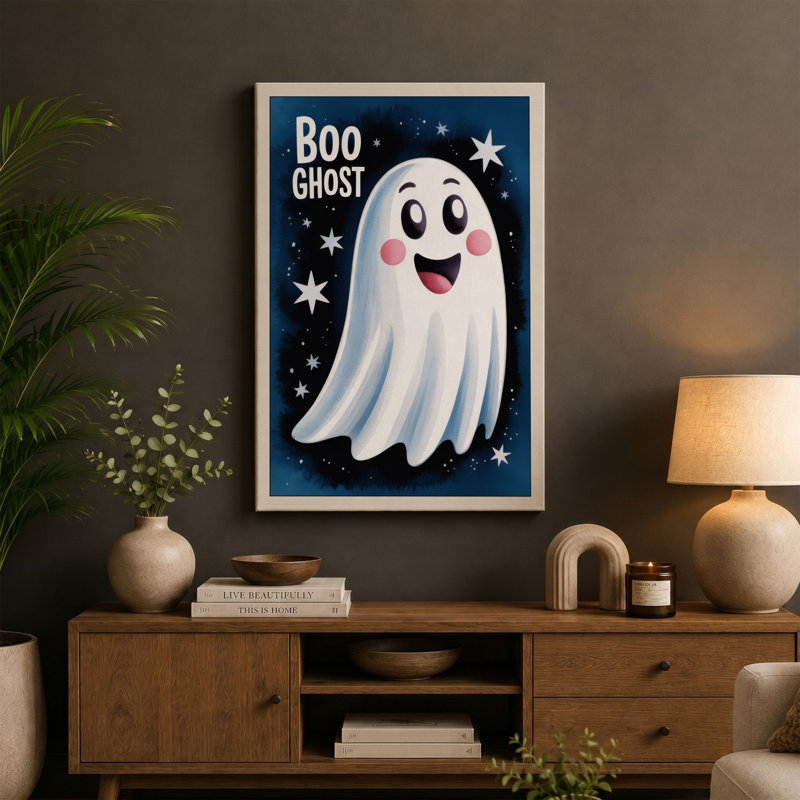 Cheerful Halloween Ghost Novelty - Wrapped Canvas, 18x12 - 45.7 x 30.5 cm, Cream Border