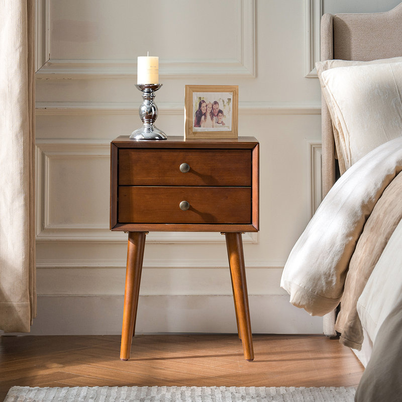 Table de chevet avec 2 tiroirs, petite table d'appoint avec rangement, Noyer