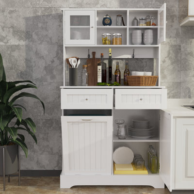 Tall Kitchen Pantry Storage Cabinet, Cupboard With Drawers And Trashcan, Shelves For Dining Room by Laurel Foundry Modern Farmhouse