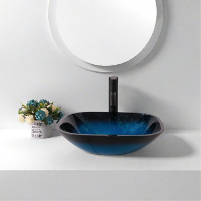 Lavabo de salle de bain en verre trempé avec robinet et bonde escamotable, bleu