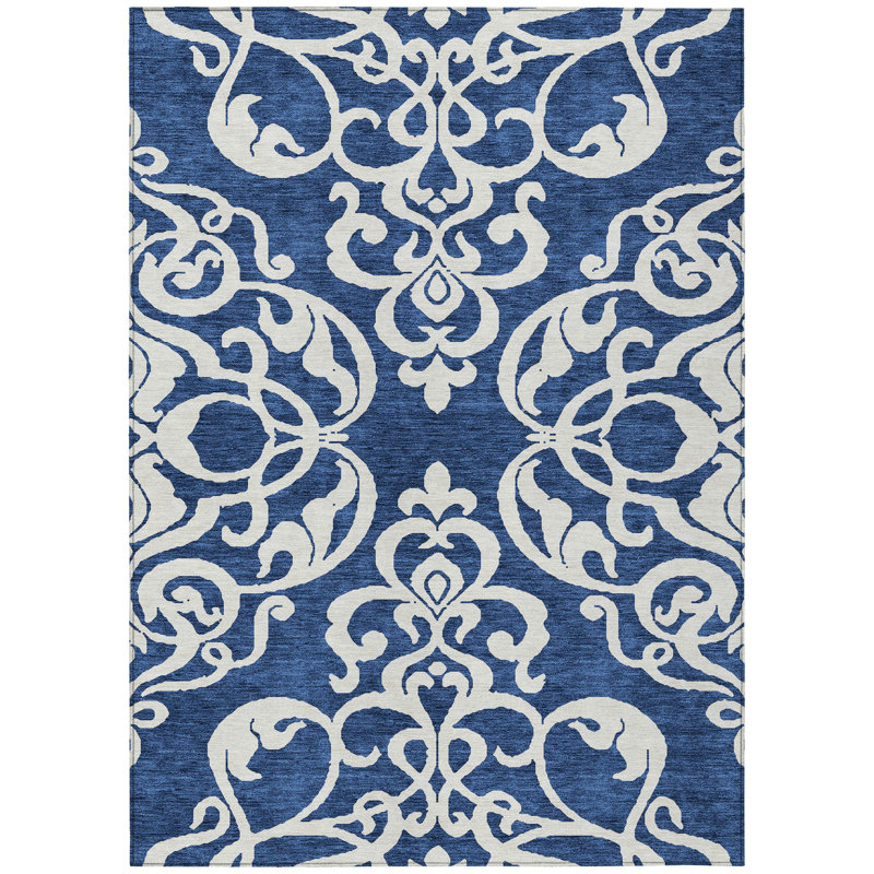 Tapis intérieur / extérieur damassé bleu marine 9 pi x 12 pi
