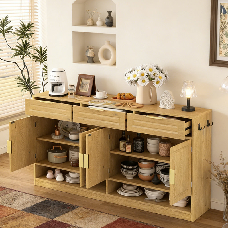 59.1" Multi-Functional Storage Buffet with Adjustable Shelf and Open Storage, Natural