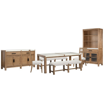 Table de salle à manger rectangulaire avec 2 bancs, 2 chaises d'appoint et une vitrine