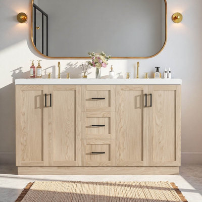 59" Freestanding Double Bathroom Vanity with SMC Resin Top, 4 Doors & 3 Drawers