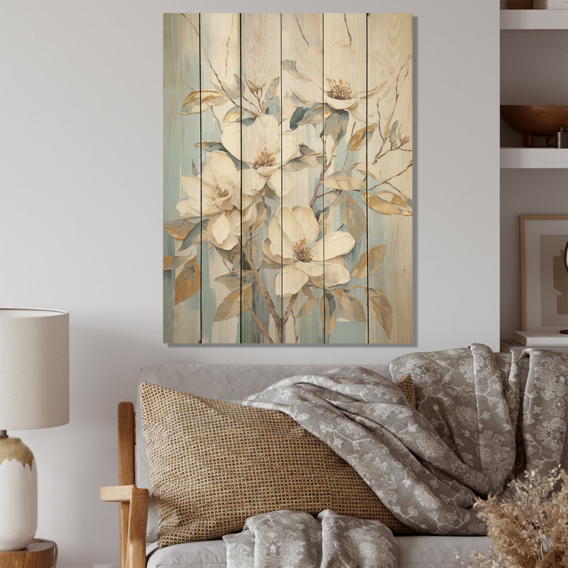 Harmonie de fleurs blanches et dorées - Magnolias, art mural sur bois de pin naturel, H 32 po x l 24 po