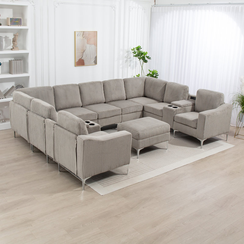 U Shaped Modular Sectional Sofa, Gray Corduroy