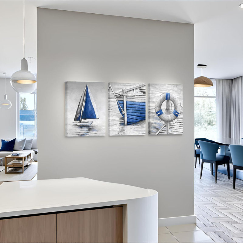 3 Piece Wrapped Canvas Print, Blue