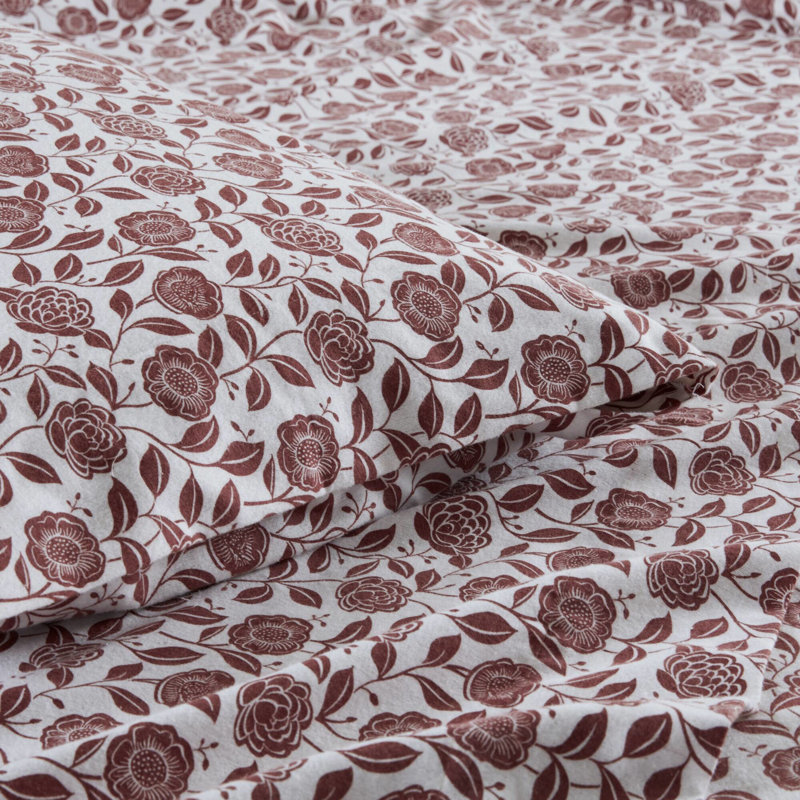Très grand drap avec motif floral rouille, flanelle 100% coton, convient pour un matelas de 18 po, tissu brossé doux et confortable, élastique pour une bonne couverture, confort pré-rétréci, contient un drap plat, 2 taies d'oreiller,