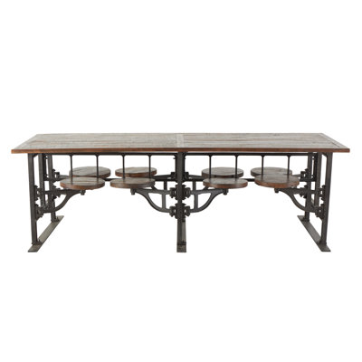 Brown Teak Wood Kitchen Dining Table with Eight Attached Seats, 100" x 42" x 31"