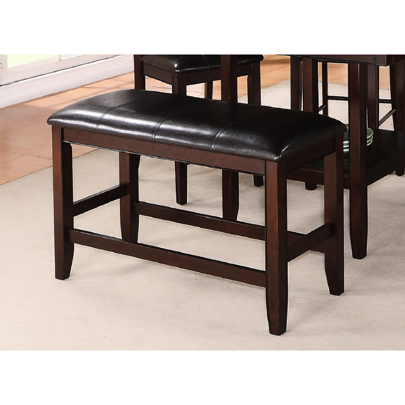 Counter Height Bench With Faux Leather Upholstered Seat And Strong Wood Base Style Upholstery Footrest In Dark Brown Finish