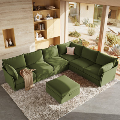 Modular Sectional Sofa, Modern Comfy Cloud Couch, Deep Seat Sofa With Throw Pillow & Movable Ottoman, Green