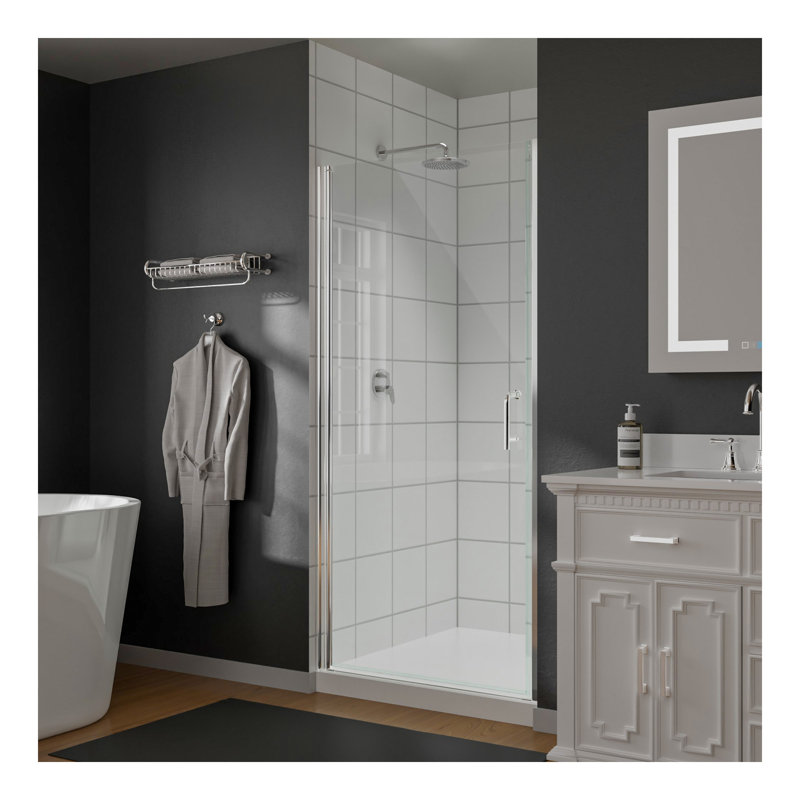 36 po à 37 3/8 po x 72 po, porte de douche pivotante semi-sans cadre en chrome avec verre transparent