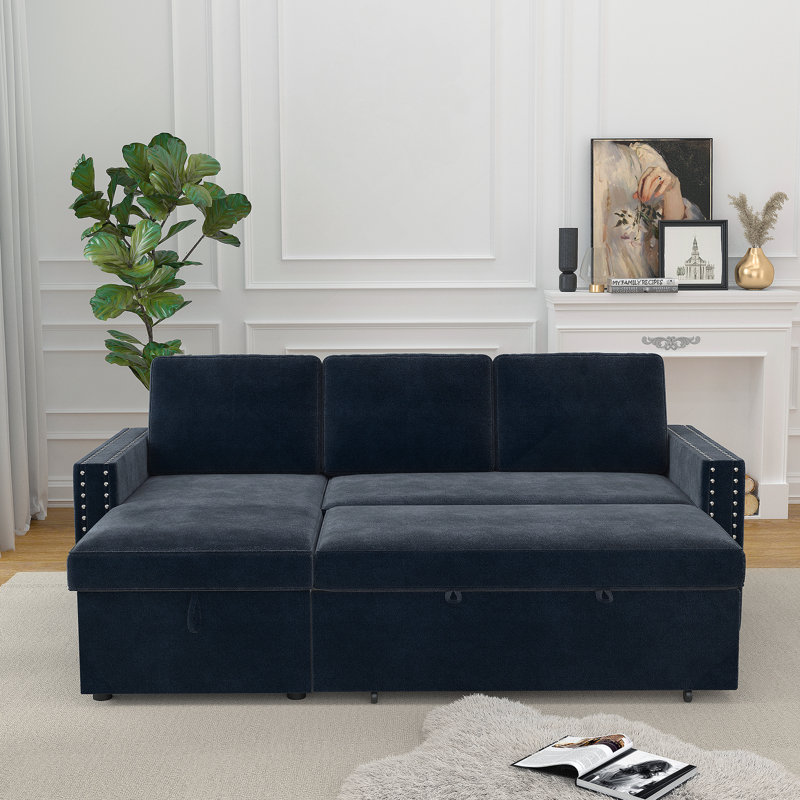 85.8" Pull Out Sleeper Sofa L-Shaped Couch Convertible Sofa Bed with Storage Chaise And Storage Racks, Blue Chenille