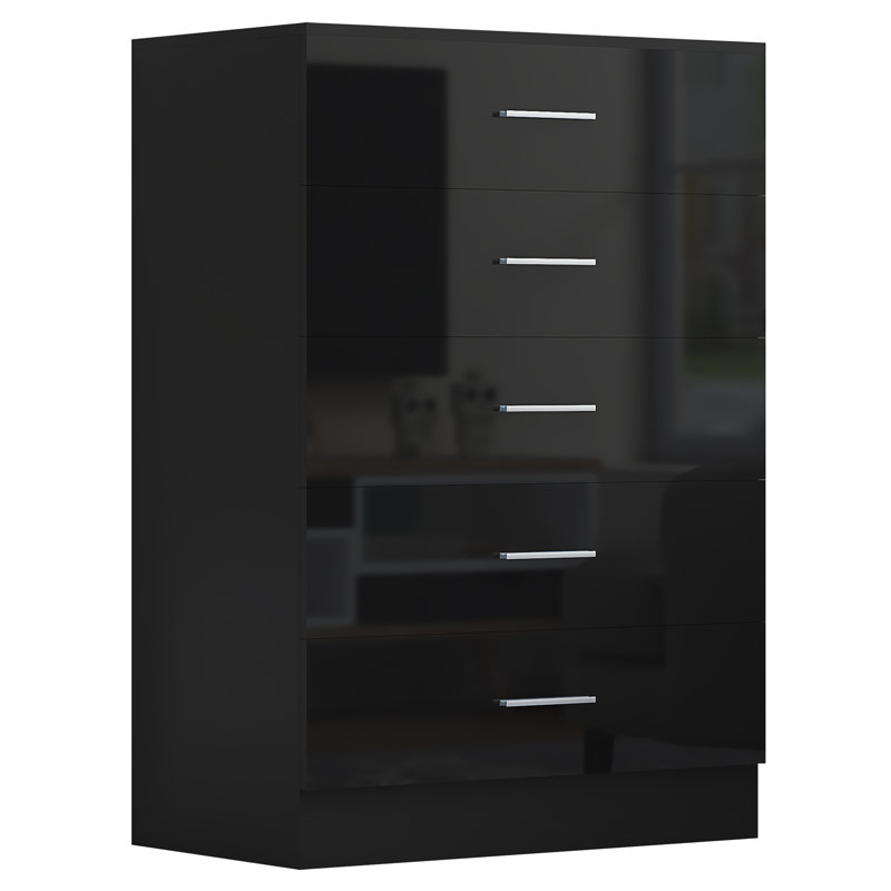 Eva High Gloss 5 Drawer Chest Of Drawers - H: 100cm x D: 40cm x W: 70cm, Black Oak/Gloss Black