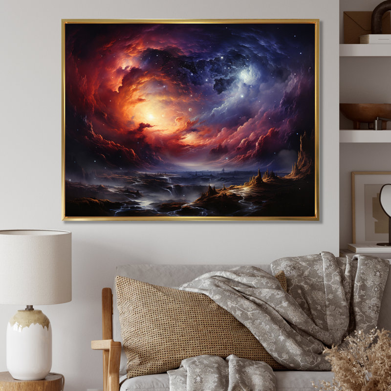 Rêves astronomiques oranges et mauves sur toile, Cadre flottant doré, H 12 po x l 20 po x P 1 po