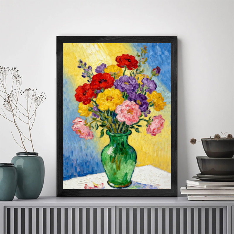 Art floral rétro encadré noir, H 17 po x l 13 po