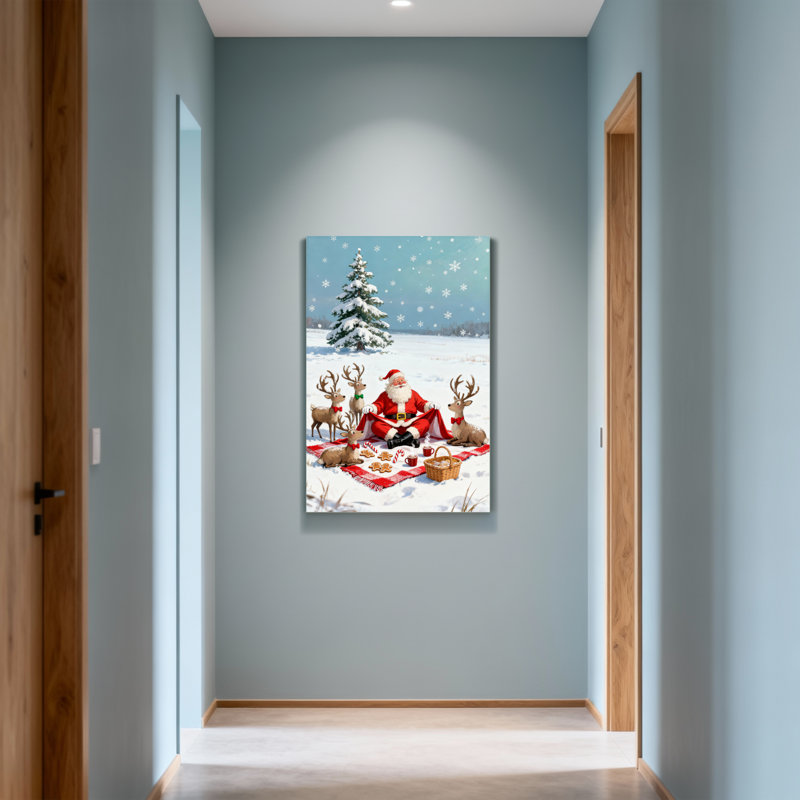 Père Noël avec des rennes dans une scène enneigée, H 40 po x l 28 po