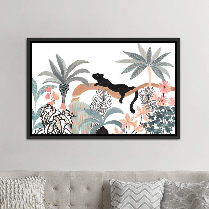 Jaguar dans la jungle, H 40 po x l 60 po x 1,5 po, Toile avec cadre noir patiné