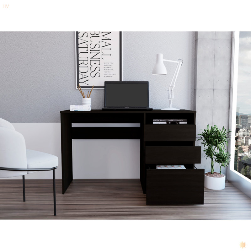 Bureau d'ordinateur, 3 tiroirs, une tablette, Noir, H 29,42 po x l 47,46 po x P 17,02 po