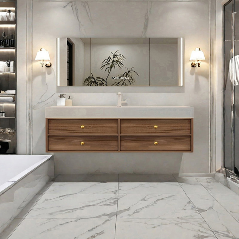 Middle ancient style intelligent bathroom cabinet, H 21,65 po x l 70,86 po x P 21,65 po, Burlywood