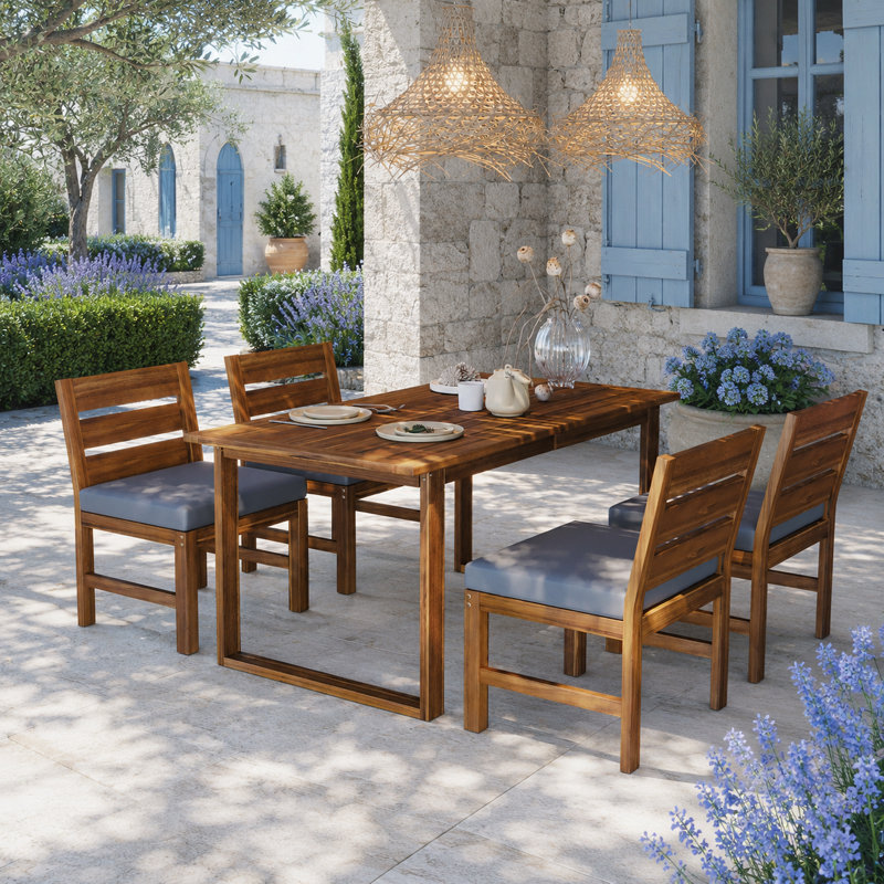 Ensemble de salle à manger 5 pièces en bois d'acacia avec 4 chaises rembourrées et une table à lattes, Gris
