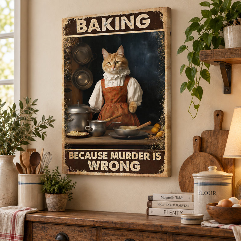 Décoration murale sur toile tendue « Chat en tablier en train de cuisiner parce que le meurtre est mal » - Décoration pour salon, chambre ou bureau