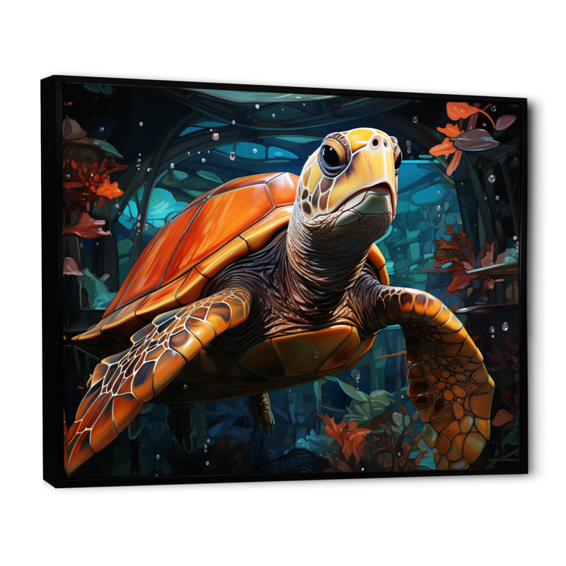 Turtle Journey Floral Geometric - Tortue, art mural sur toile, Cadre flottant noir, H 30 po x l 40 po x P 1,5 po