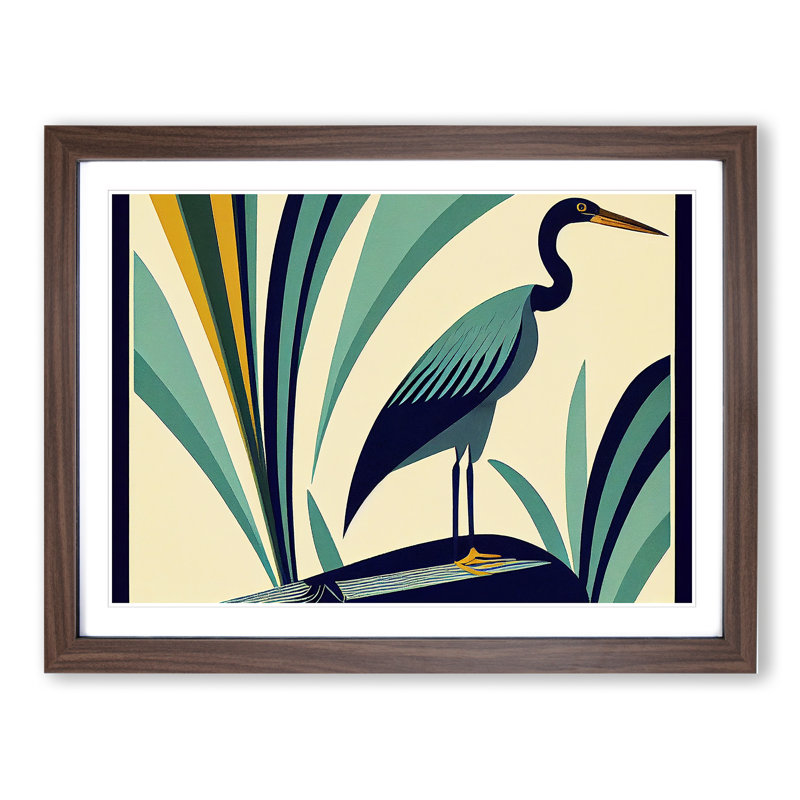 Heron Bird Abstract - Single Picture Frame Print, 46cm H x 64cm W x 2cm D, Walnut