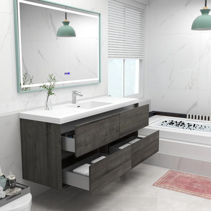 Momoe 60'' Single Bathroom Vanity with Acrylic Top, Smoke Oak