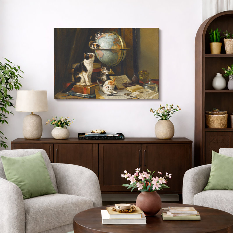Art rétro de chats avec globe et livres, photos de salle d'étude, impression sur toile encadrée, impression numérique.