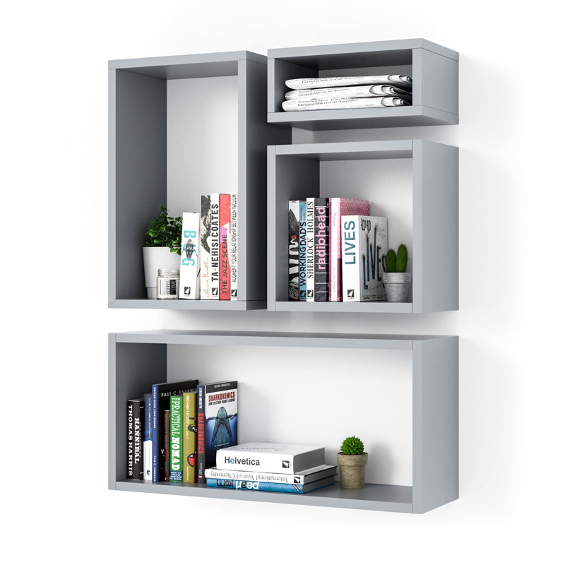  Ensemble de 4 tablettes murales cubiques flottantes pour la découverte de l'espace, gris, Gris