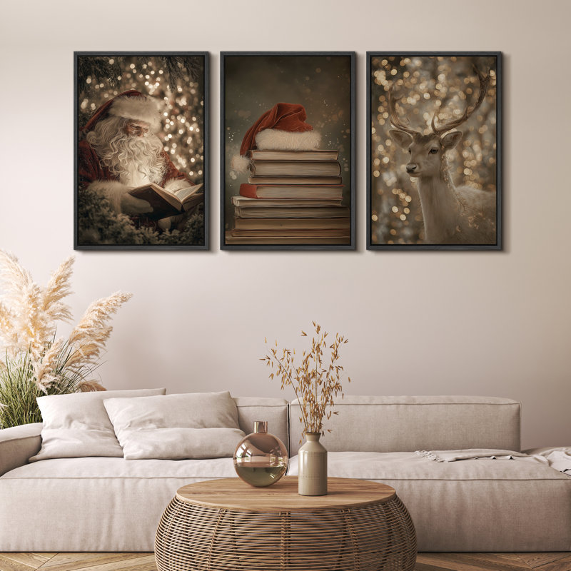 «Christmas Holiday Celebration Festive Christmas Trio», art de livres et de cerfs, H 24 po x l 48 po x P 1,5 po