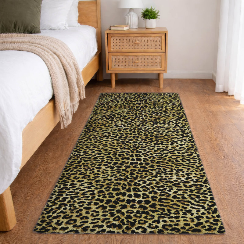 Premium Machine Washable Dream Shag ADS43 Leopard Rug, 2'3" x 7'6" Runner, Gilded