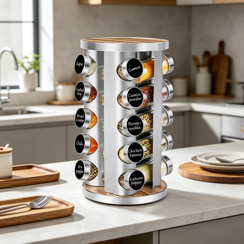 Étagère à épices rotative avec 20 pots en verre, armoire rotative à 360 degrés et tour de rangement de comptoir avec étiquettes réutilisables, entonnoir et brosses pour garde-manger