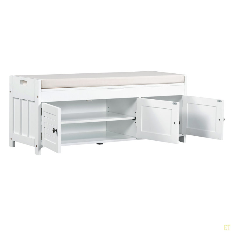 Storage Bench With 3 Shutter-Shaped Doors, Shoe Bench With Removable Cushion And Hidden Storage Space, White