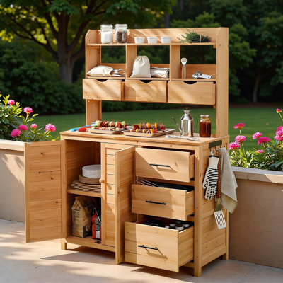 Farmhouse Patio Potting Bench With 6 Drawers, Bottom Cabinet, Shelves And Side Hooks