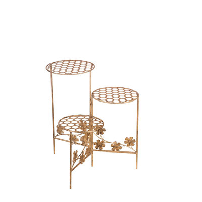 Support pour plante pliable à 3 niveaux 18,25 ", nid d'abeille et floral avec finition or et vert-de-gris