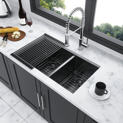 Double Bowl Kitchen Sink 33"X19" - Gunmetal Black Stainless Steel, 10" Deep Basin, With Soundproofing And Condensation Features Sound Dampening Technology