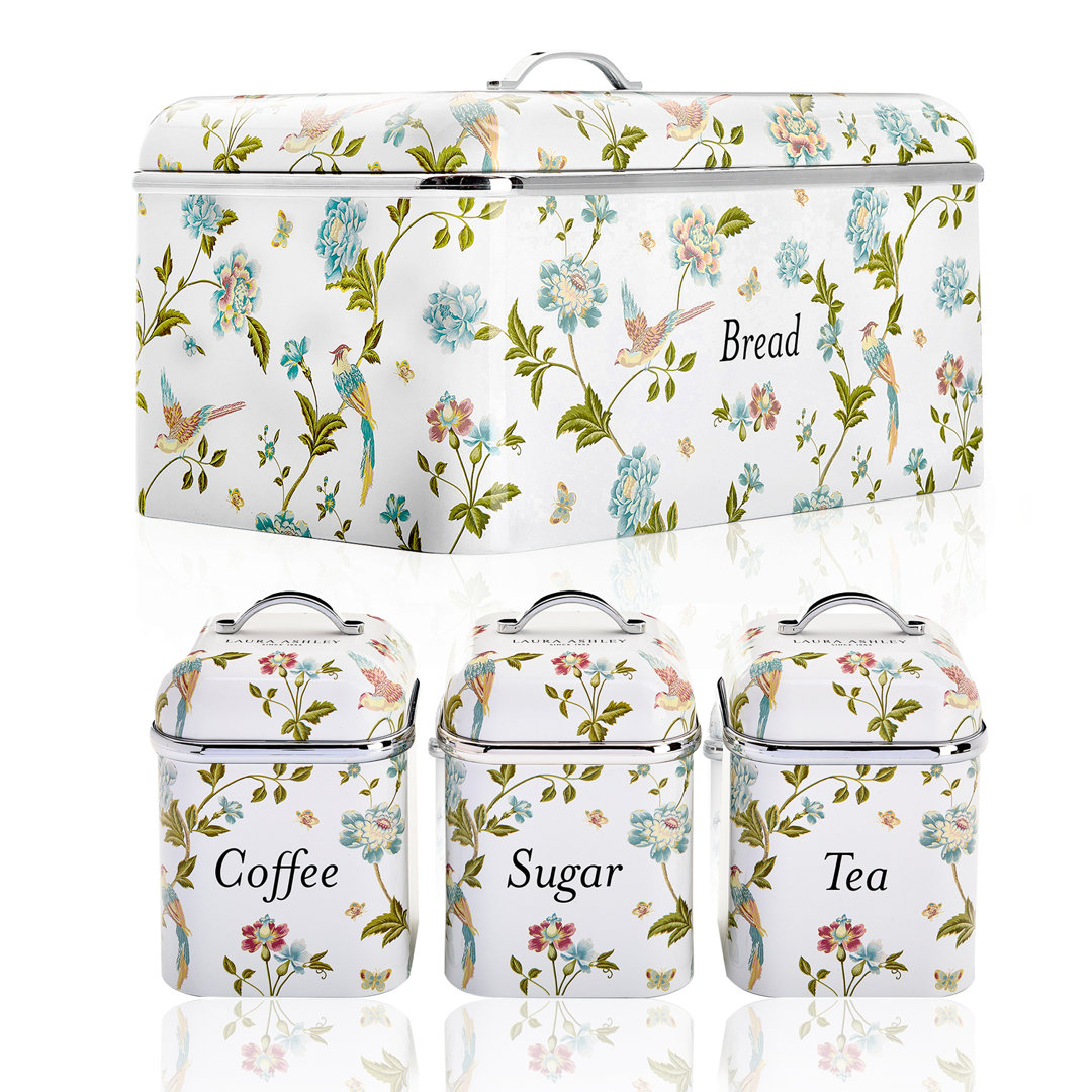 Laura Ashley Bread Bin and Set of 3 Canisters for Coffee/Sugar/Tea