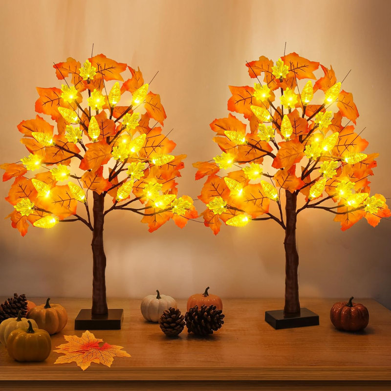 2 Pack 24 Inch Prelit Fall Maple Tree Thanksgiving Decorations With 48 LED Lights